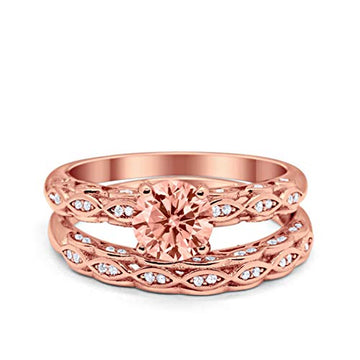 Two Piece Engagement Bridal Ring Rose Tone, Simulated Morganite CZ 925 Sterling Silver